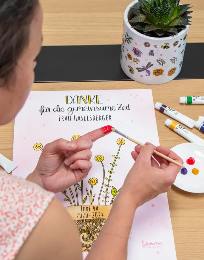 Fingerabdruck-Erinnerungsposter „Blumentopf voller Dankbarkeit" mit Wunschname