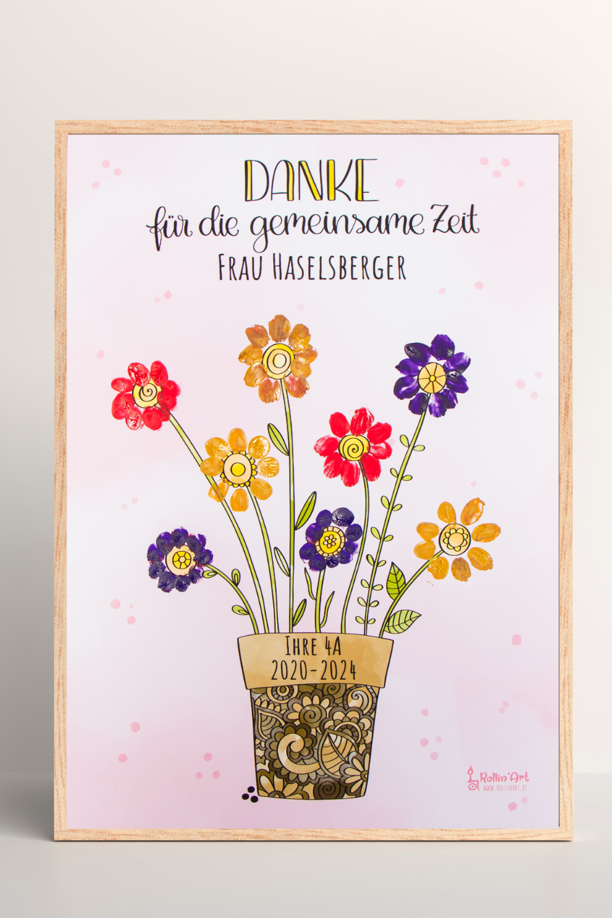 Fingerabdruck-Erinnerungsposter „Blumentopf voller Dankbarkeit" mit Wunschname
