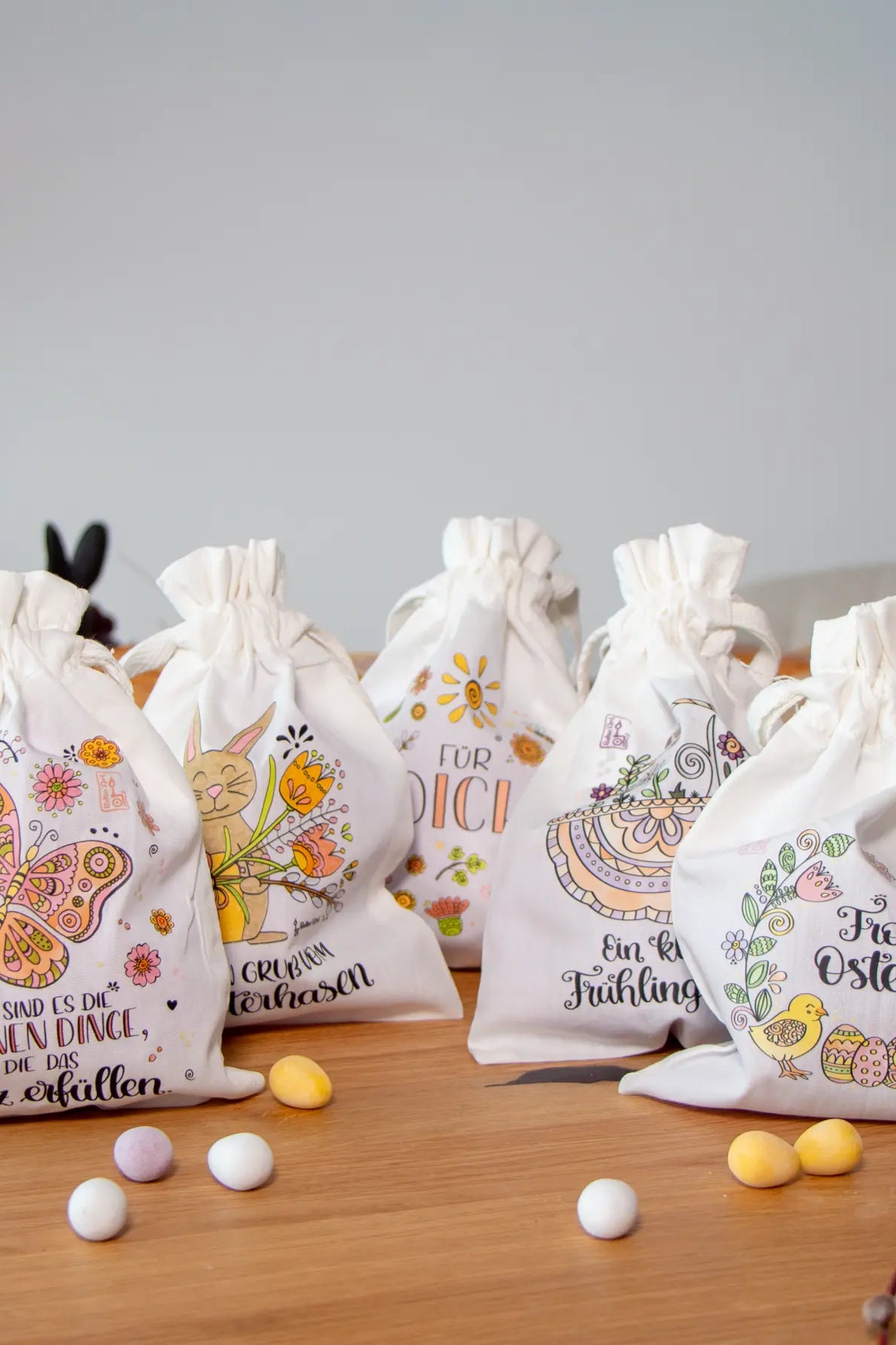 Geschenkbeutel-Set „Osterfreude“ – 5 liebevoll gestaltete Stoffbeutel im Set