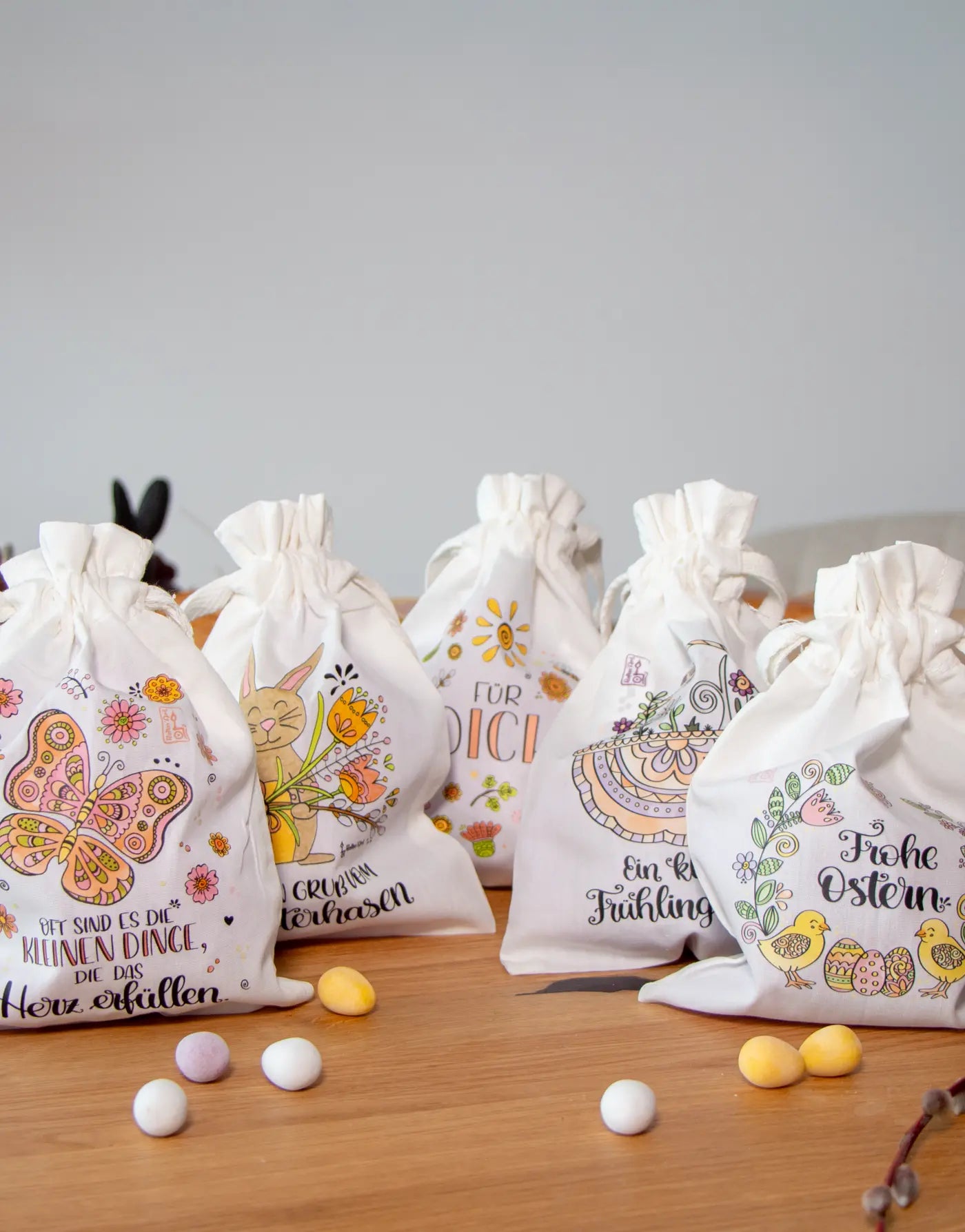 Geschenkbeutel-Set „Osterfreude“ – 5 liebevoll gestaltete Stoffbeutel im Set