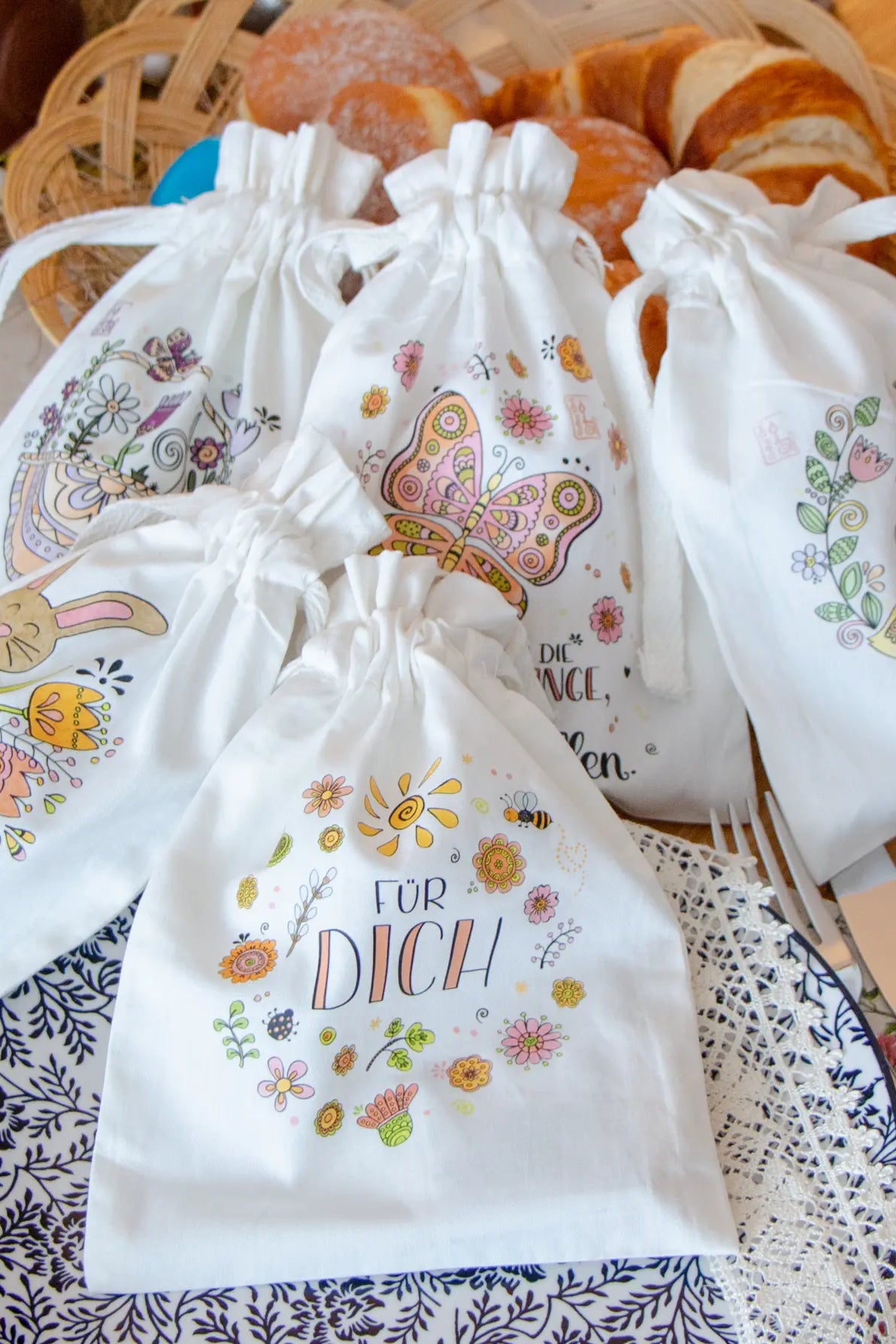 Geschenkbeutel-Set „Osterfreude“ – 5 liebevoll gestaltete Stoffbeutel im Set