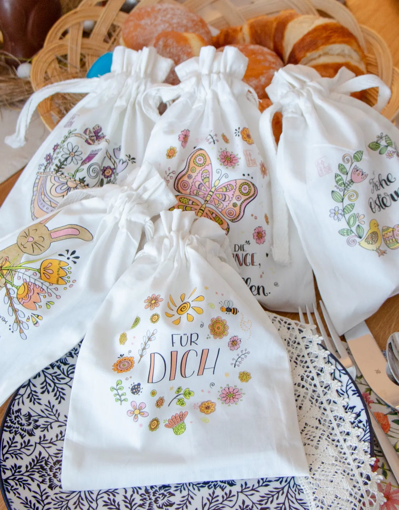 Geschenkbeutel-Set „Osterfreude“ – 5 liebevoll gestaltete Stoffbeutel im Set
