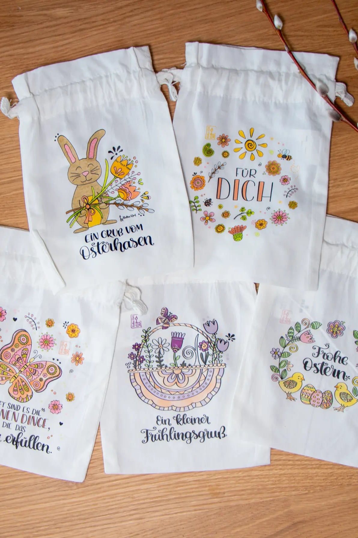 Geschenkbeutel-Set „Osterfreude“ – 5 liebevoll gestaltete Stoffbeutel im Set