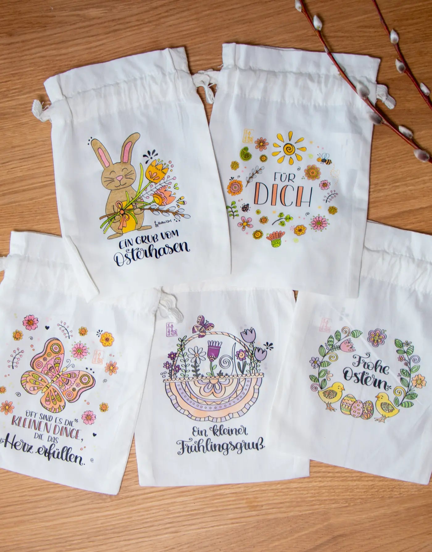 Geschenkbeutel-Set „Osterfreude“ – 5 liebevoll gestaltete Stoffbeutel im Set