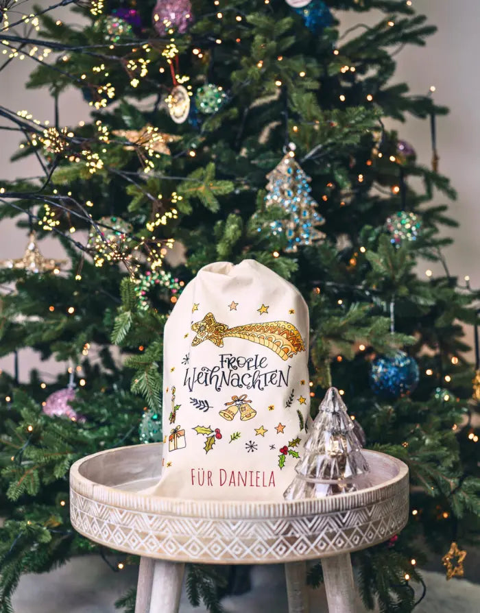 Geschenkbeutel mit Zugband "Frohe Weihnachten" mit Wunschname