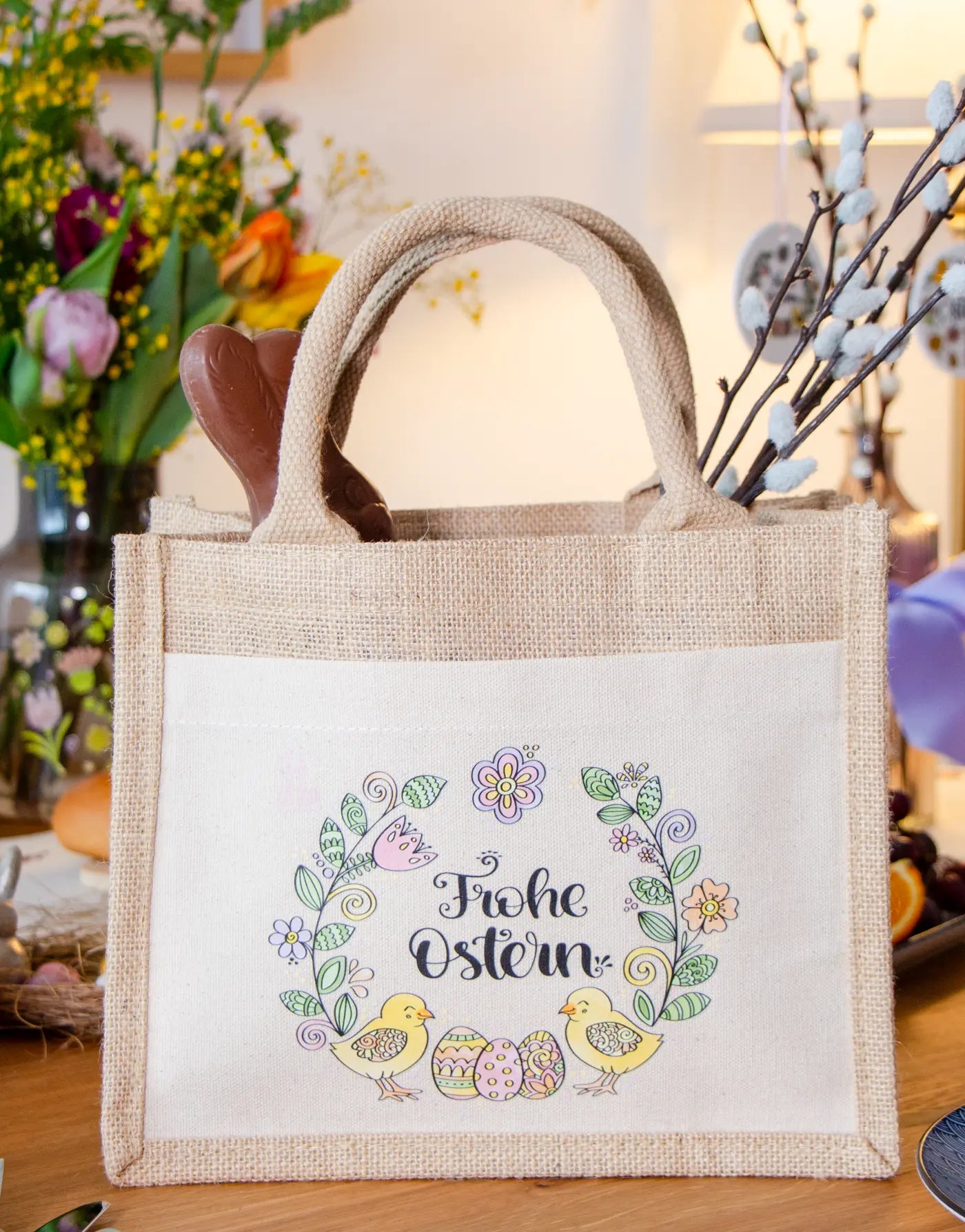 Geschenktasche Jute "Küken - Frohe Ostern"