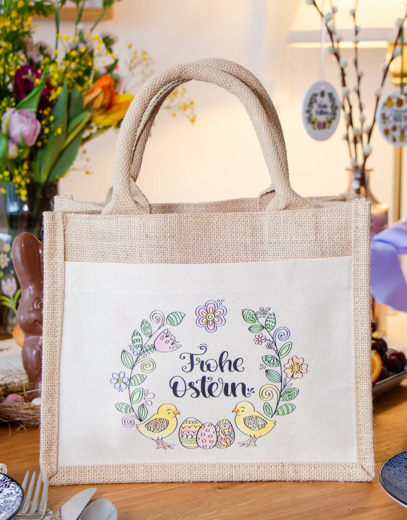 Geschenktasche Jute "Küken - Frohe Ostern"