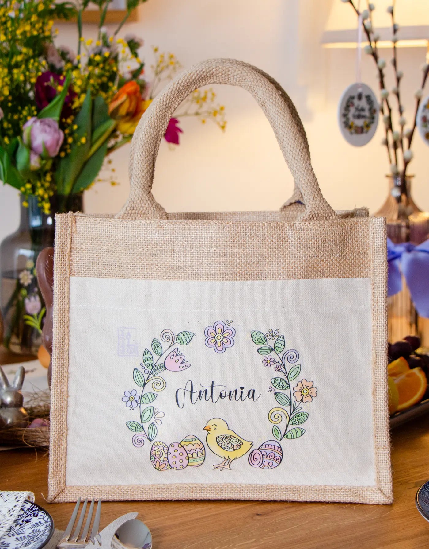 Geschenktasche Jute "Küken" mit Wunschname