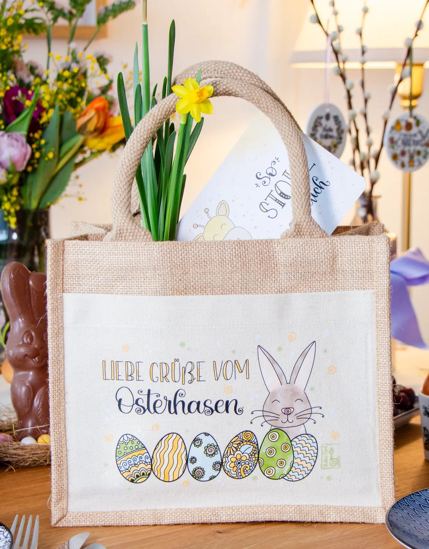 Geschenktasche Jute "Vom Osterhasen" blau-grün