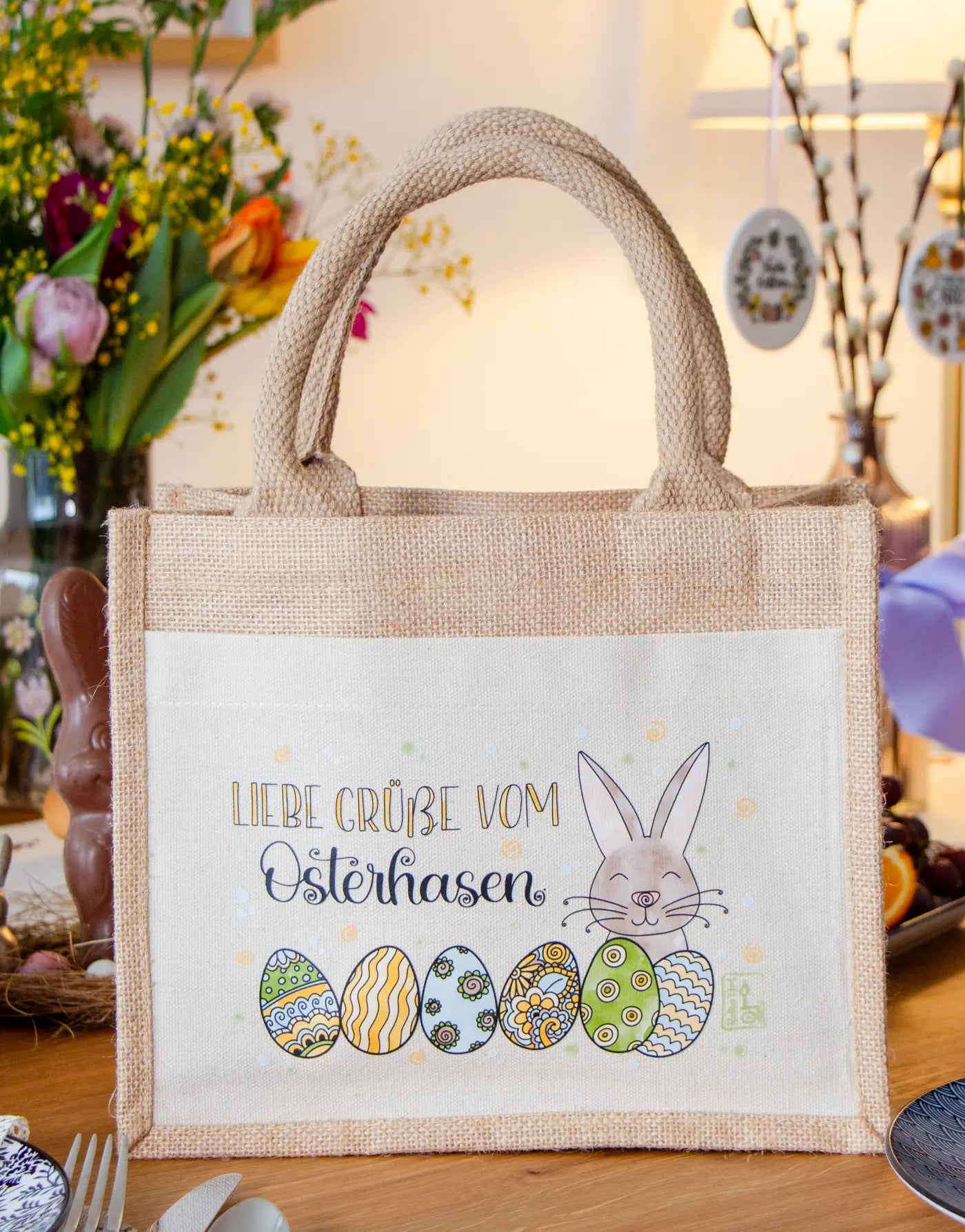 Geschenktasche Jute "Vom Osterhasen" blau-grün
