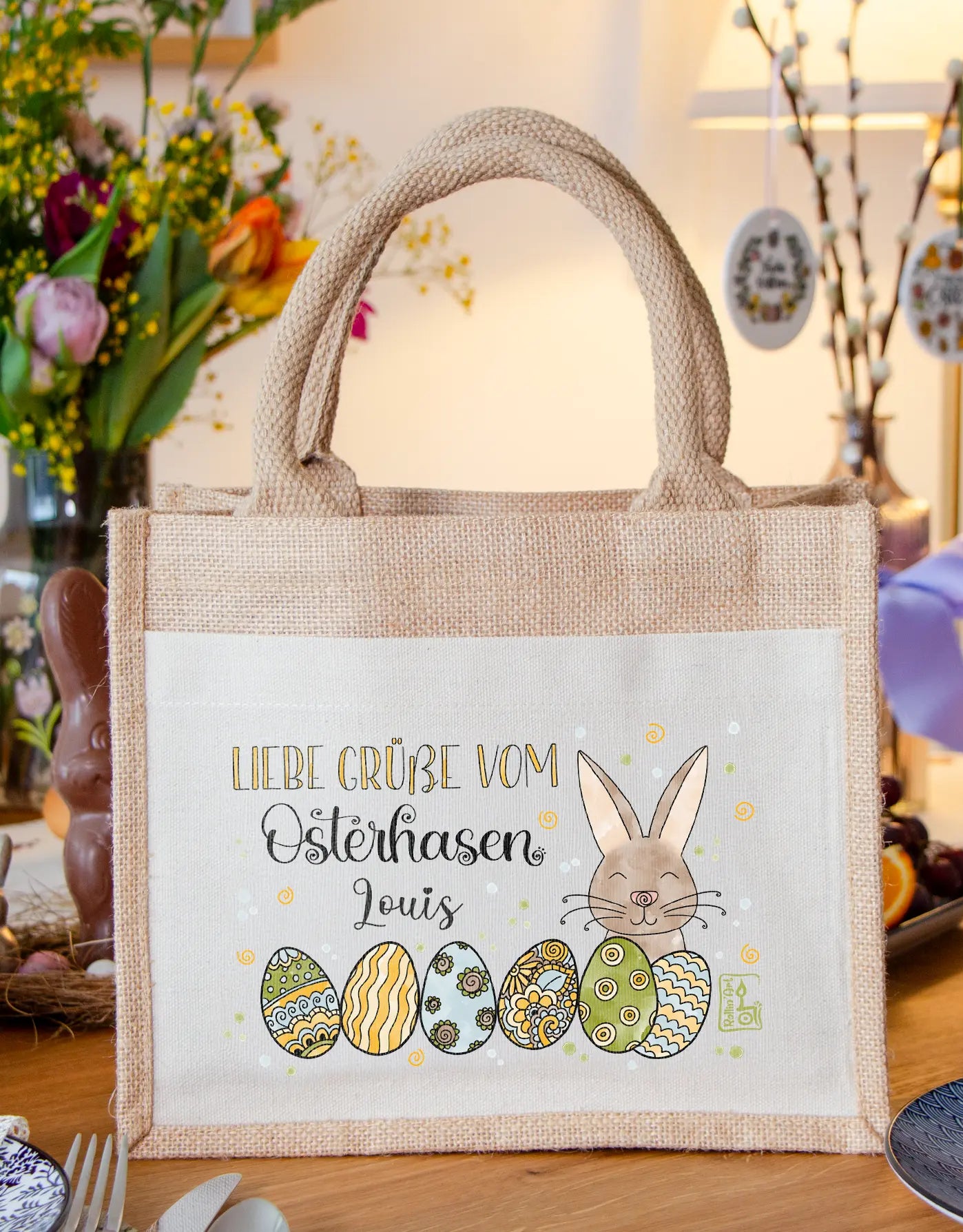 Geschenktasche Jute "Vom Osterhasen" blau-grün