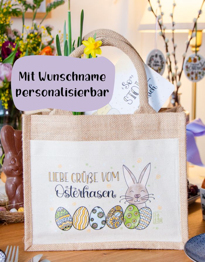 Geschenktasche Jute "Vom Osterhasen" blau-grün