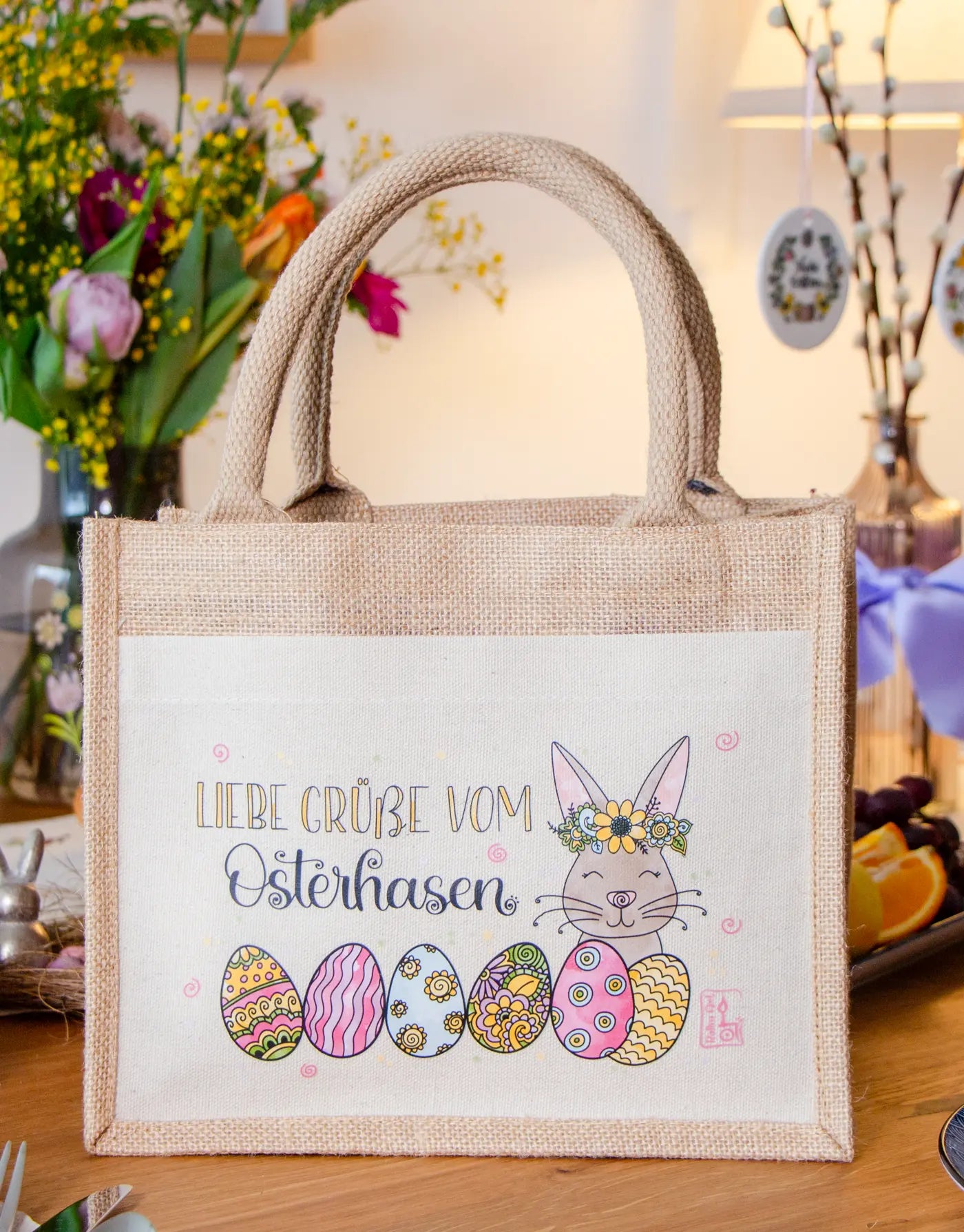 Geschenktasche Jute "Vom Osterhasen" blumig