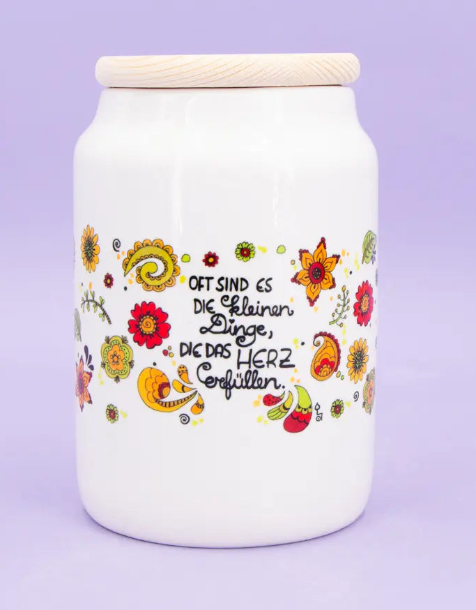 Keramikdose groß mit Holzdeckel "Es sind die kleinen Dinge"