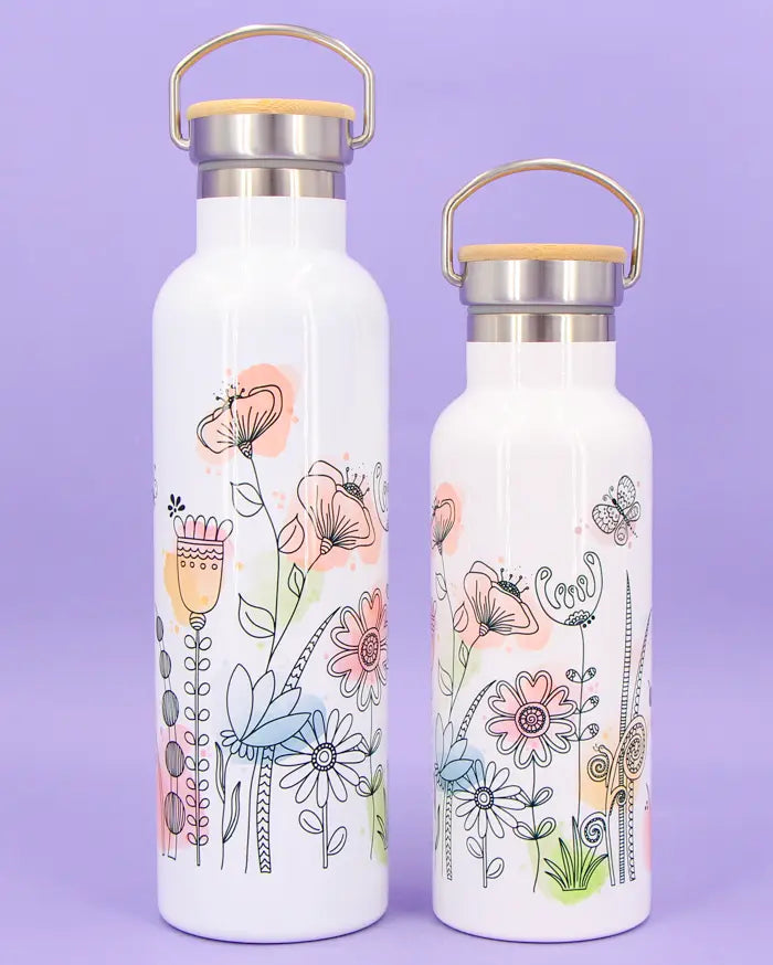 Thermosflasche Bambusdeckel "Blumenwiese"