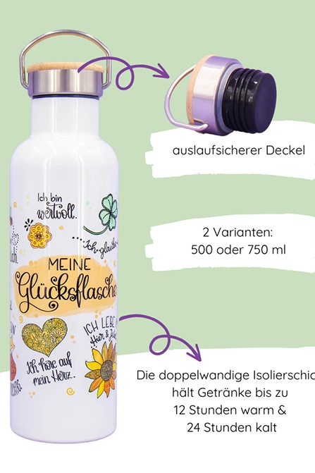 Thermosflasche Bambusdeckel "Meine Glücksflasche"
