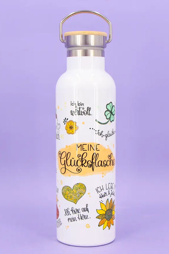 Thermosflasche Bambusdeckel "Meine Glücksflasche"