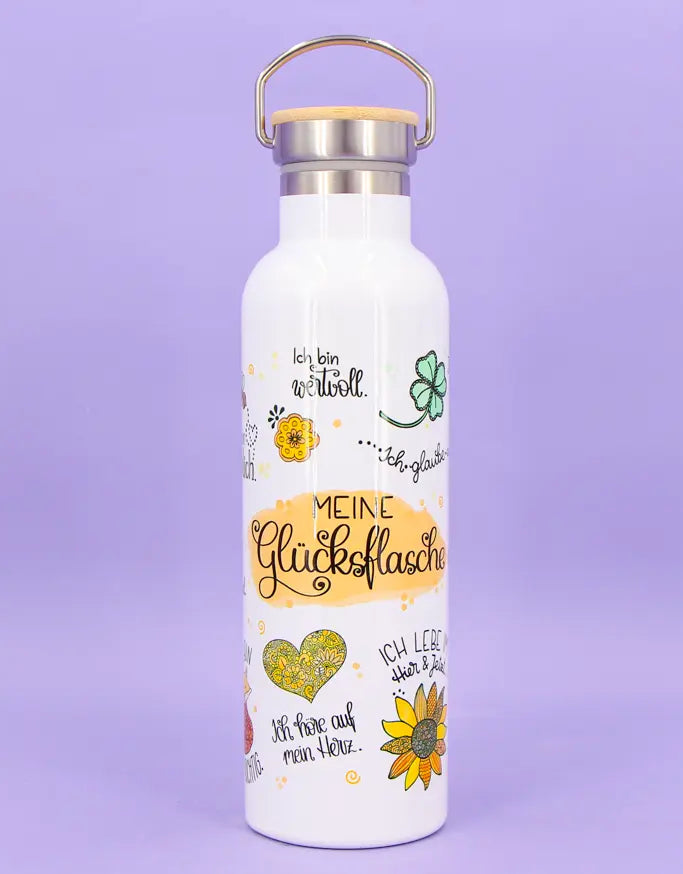 Thermosflasche Bambusdeckel "Meine Glücksflasche"
