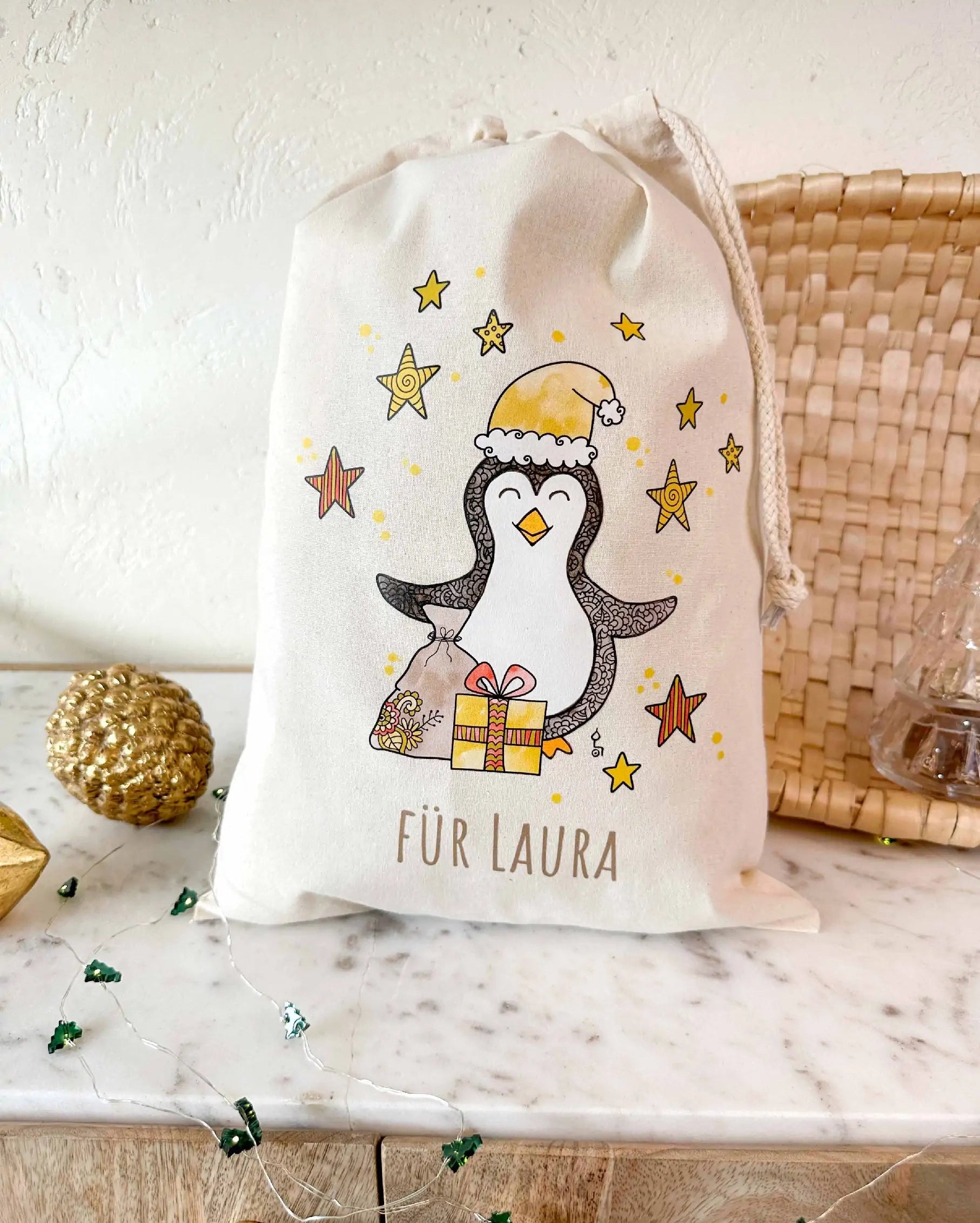 Geschenkbeutel mit Zugband "Pinguin" mit Wunschname-RollinArt