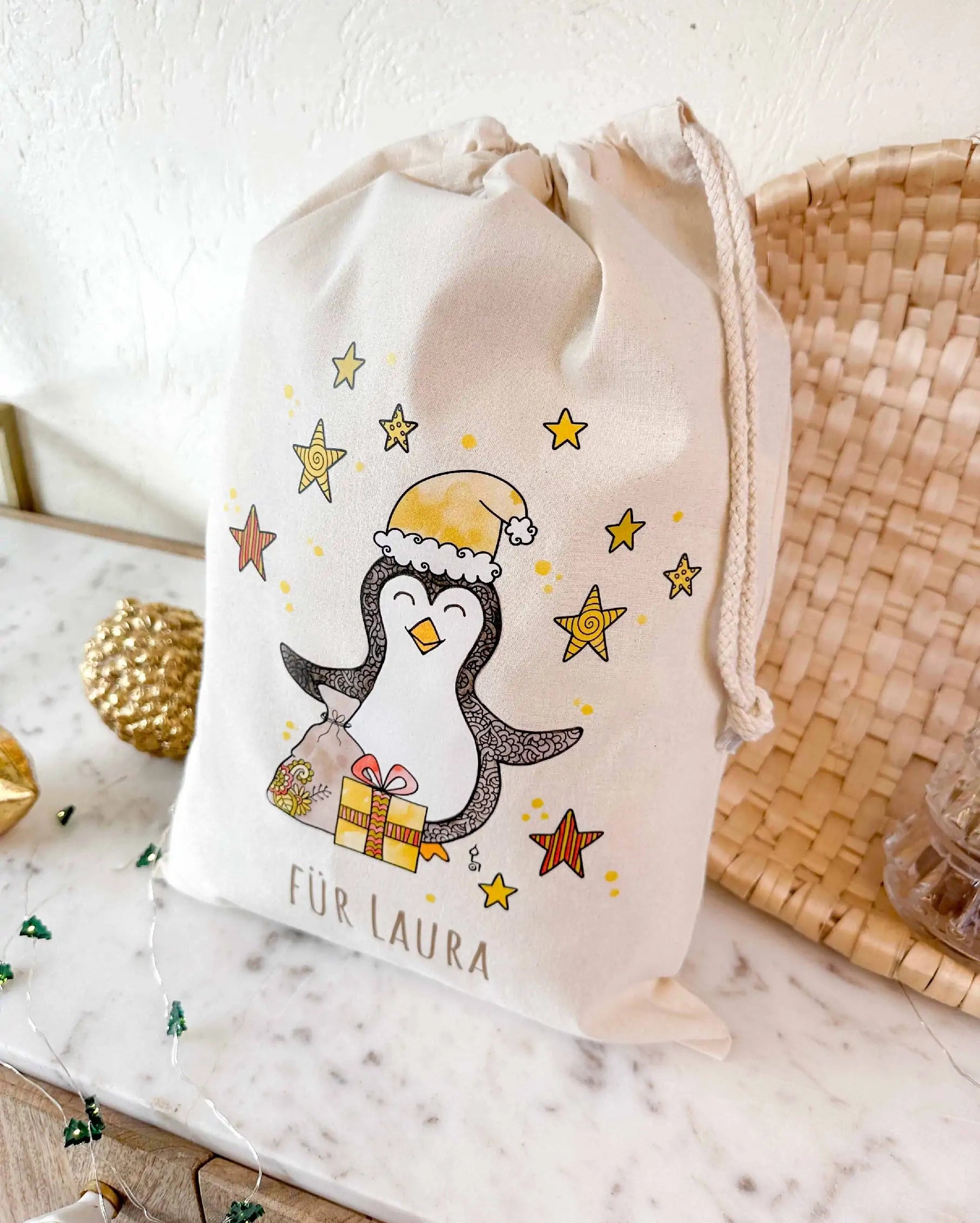 Geschenkbeutel mit Zugband "Pinguin" mit Wunschname-RollinArt
