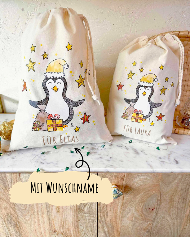 Geschenkbeutel mit Zugband "Pinguin" mit Wunschname-RollinArt