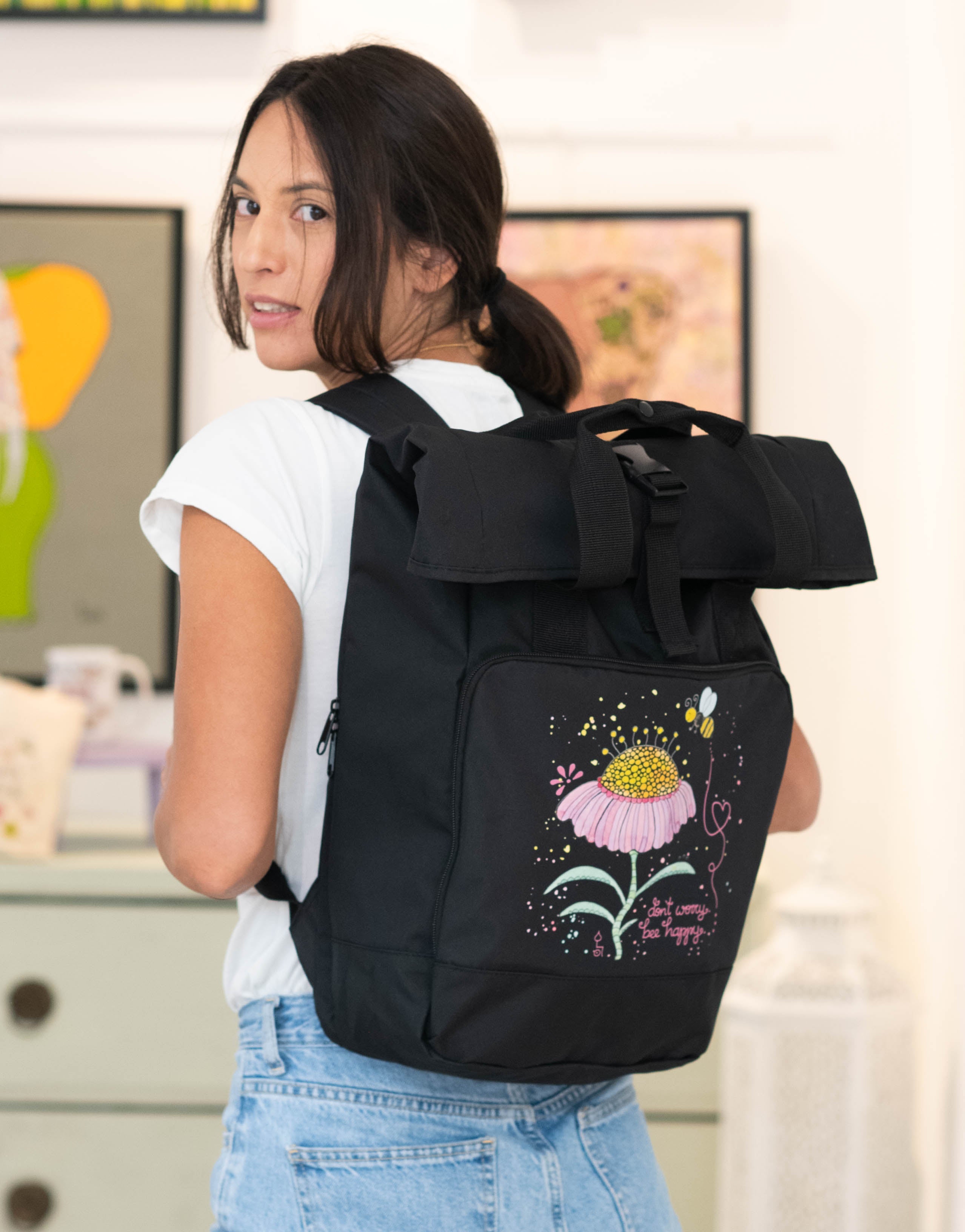 Rucksack groß Black „Bee happy”-RollinArt