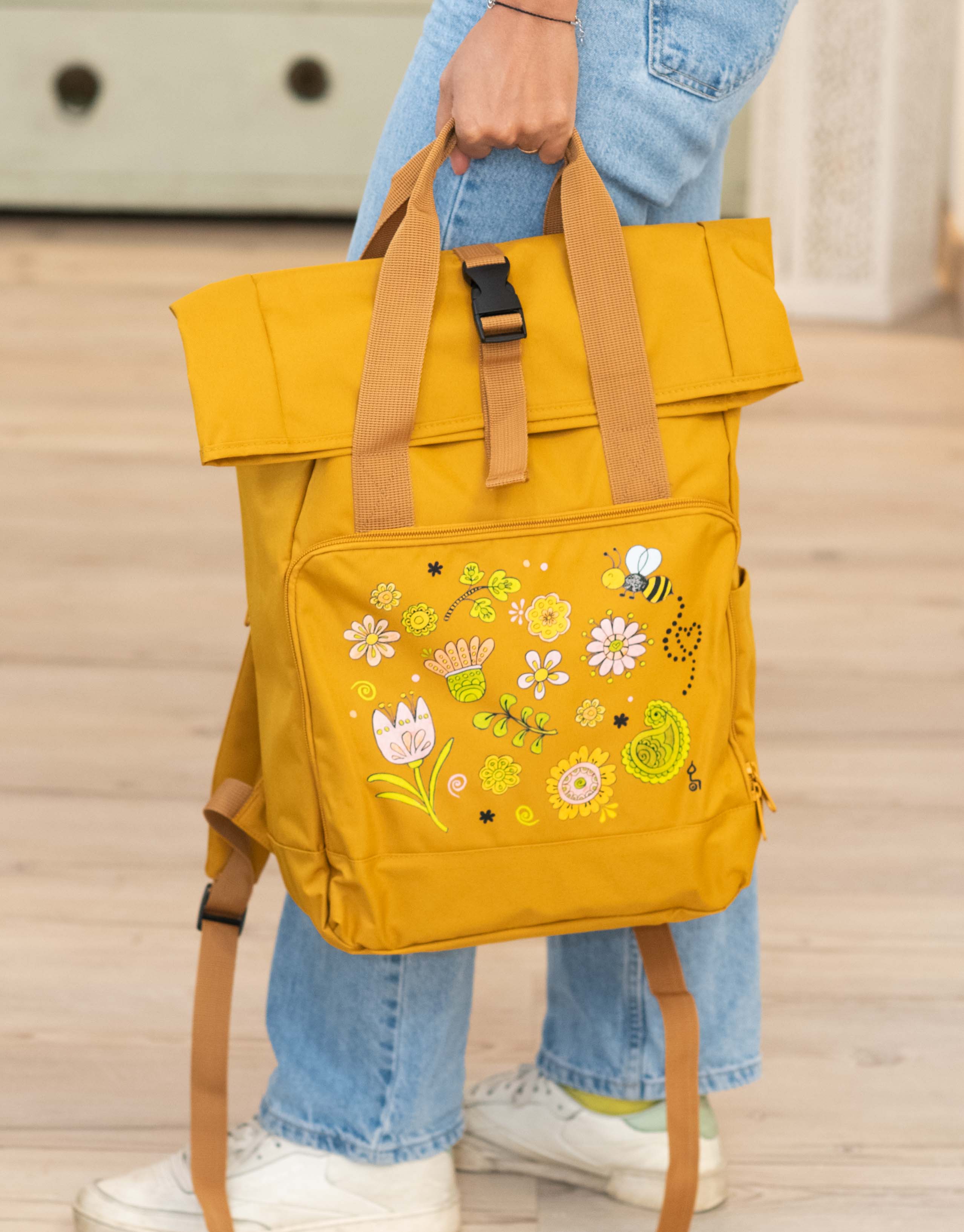 Rucksack groß Mustard „Happy Flowers”-RollinArt