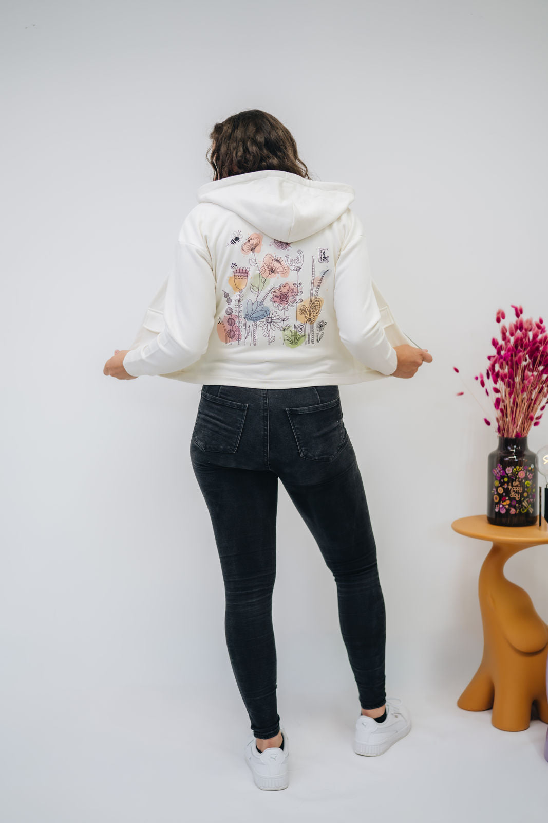 Damen Zipper-Hoodie ivory „Blumenwiese"