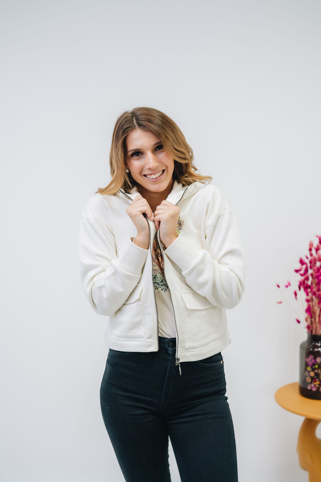 Damen Zipper-Hoodie ivory „Kolibri"