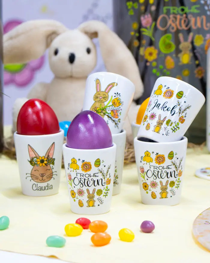 Eierbecher "Blumenhase" mit Wunschname