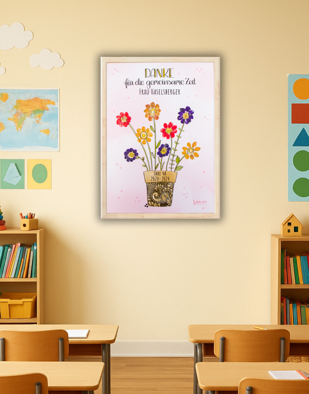Fingerabdruck-Erinnerungsposter „Blumentopf voller Dankbarkeit" mit Wunschname