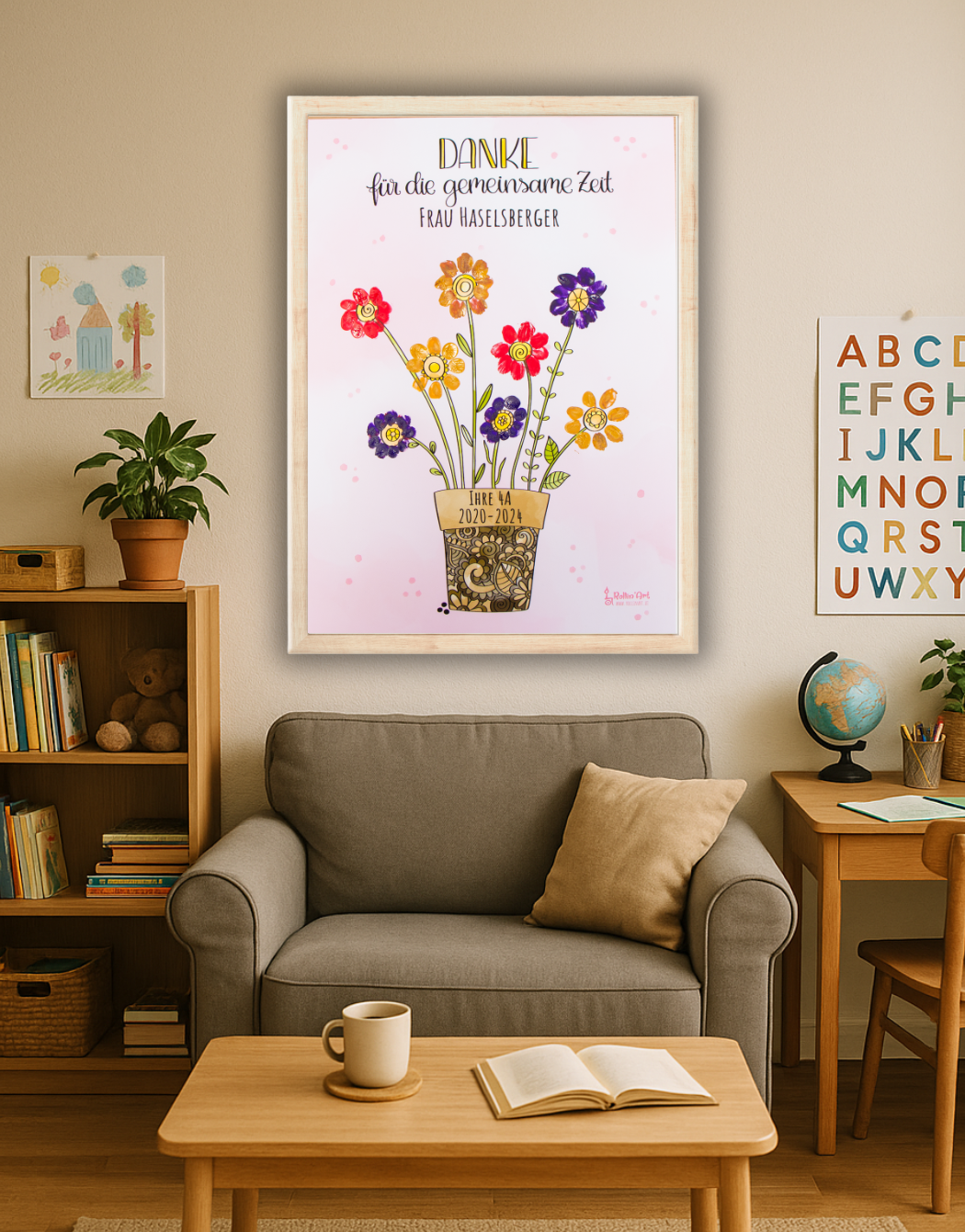 Fingerabdruck-Erinnerungsposter „Blumentopf voller Dankbarkeit" mit Wunschname