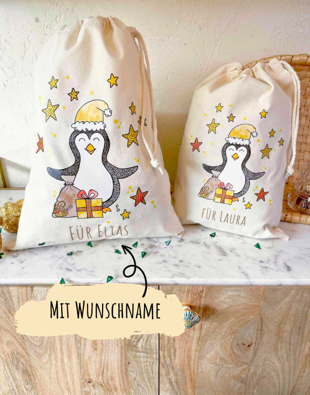 Geschenkbeutel mit Zugband "Pinguin" mit Wunschname