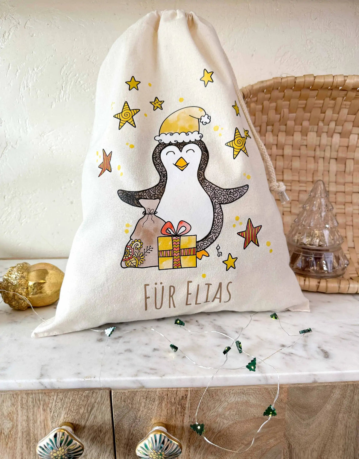 Geschenkbeutel mit Zugband "Pinguin" mit Wunschname
