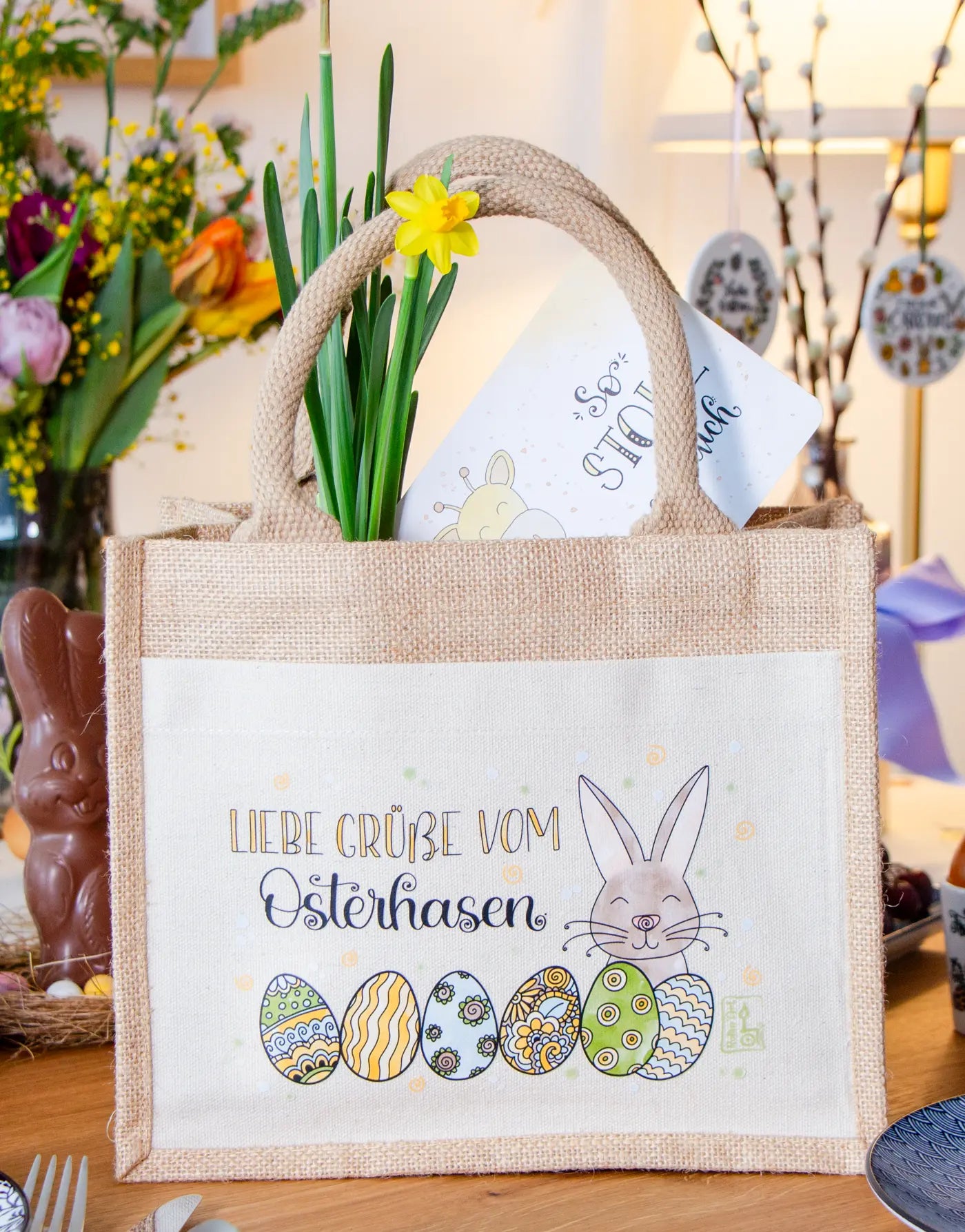 Geschenktasche Jute "Vom Osterhasen" blau-grün