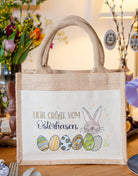 Geschenktasche Jute "Vom Osterhasen" blau-grün