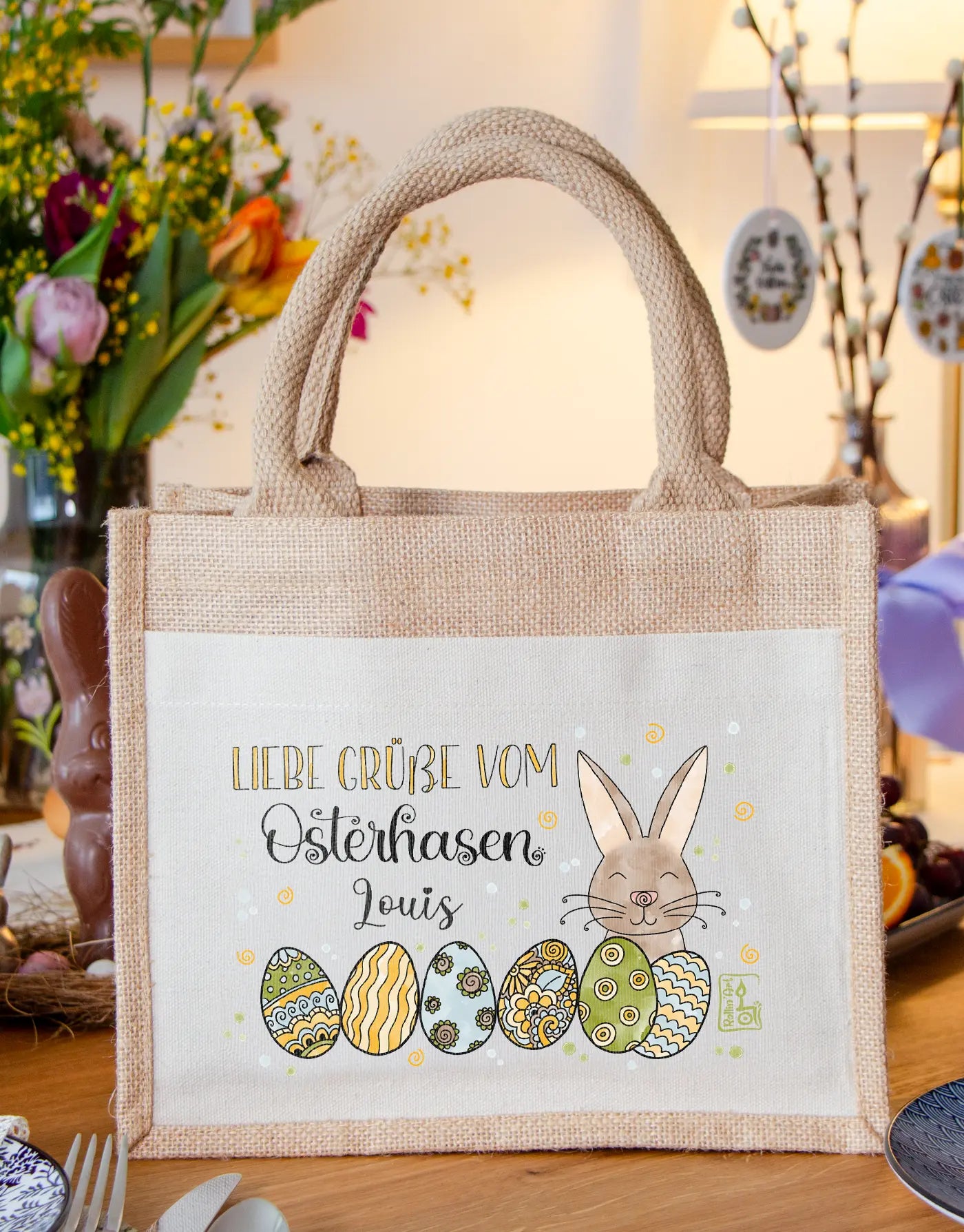 Geschenktasche Jute "Vom Osterhasen" blau-grün