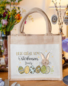 Geschenktasche Jute "Vom Osterhasen" blau-grün