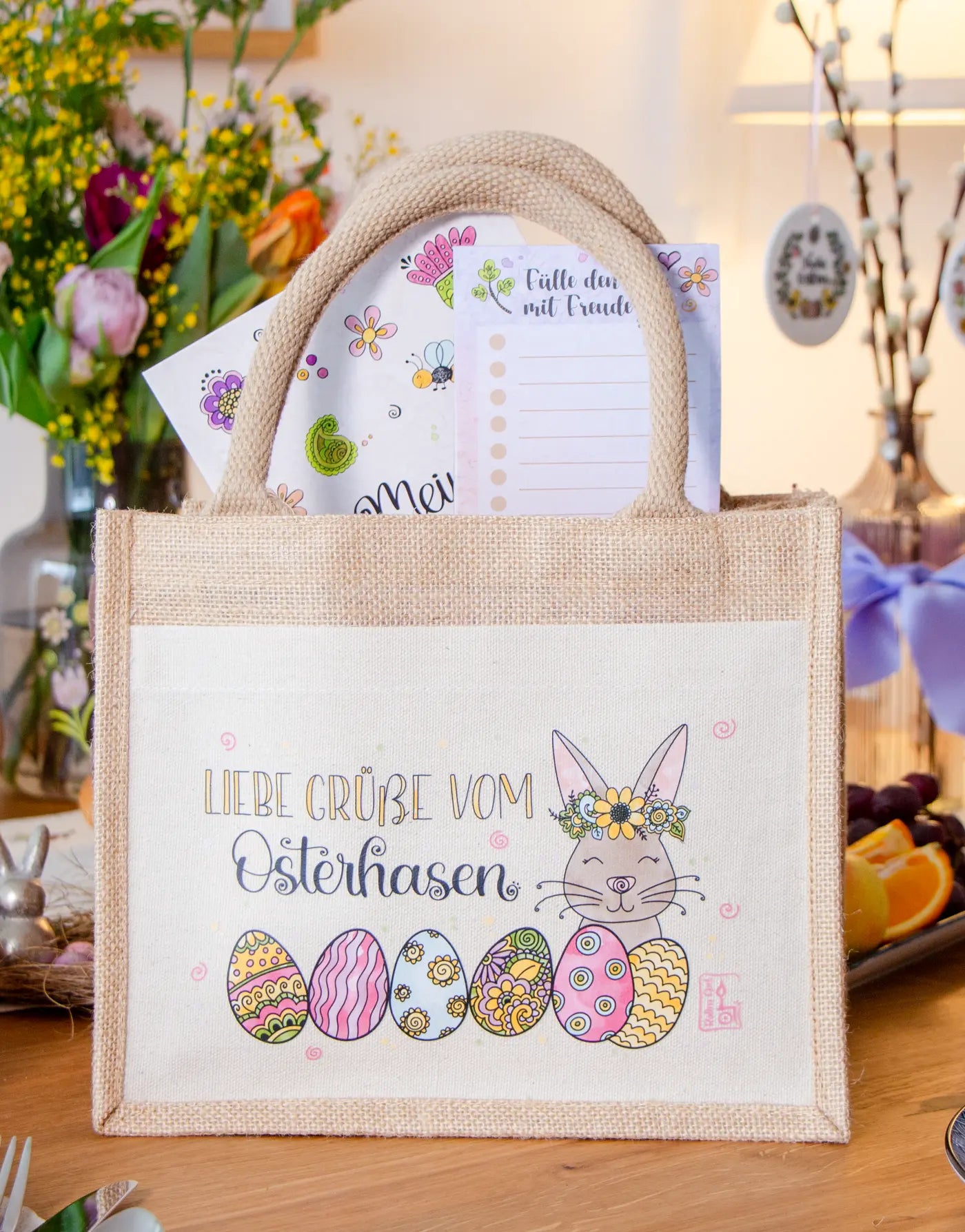 Geschenktasche Jute "Vom Osterhasen" blumig