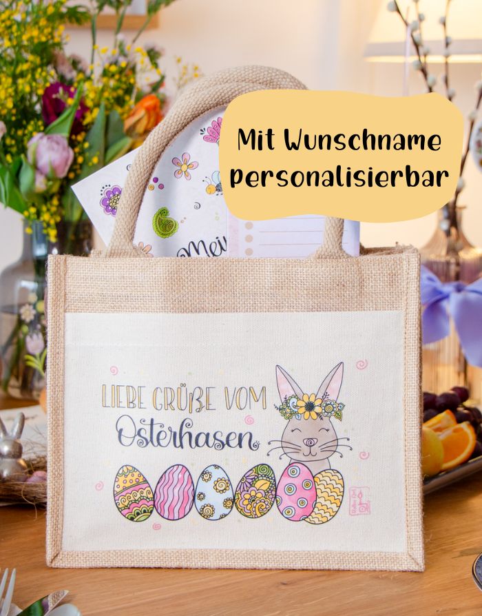 Geschenktasche Jute "Vom Osterhasen" blumig