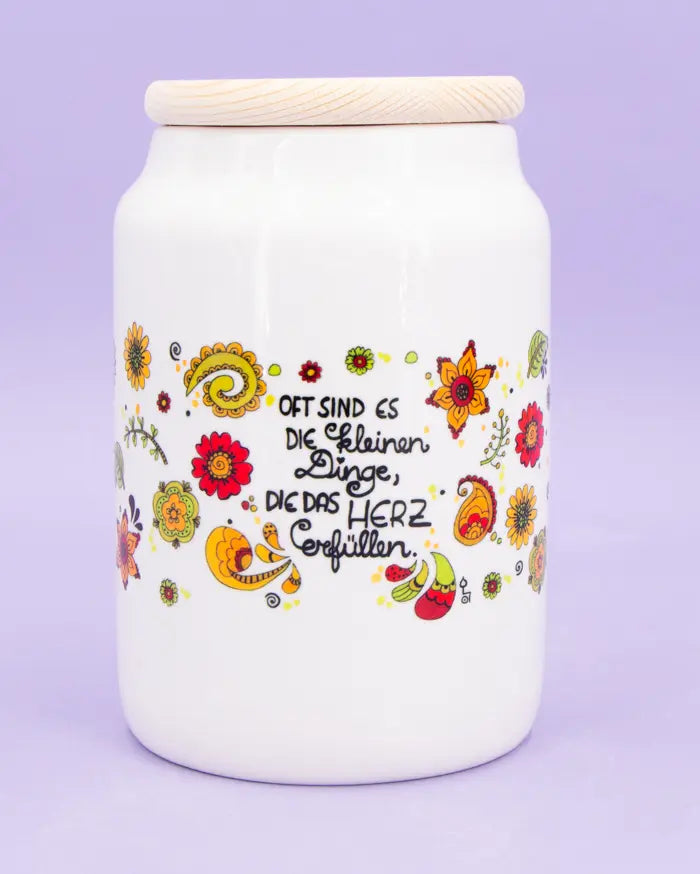 Keramikdose groß mit Holzdeckel "Es sind die kleinen Dinge"