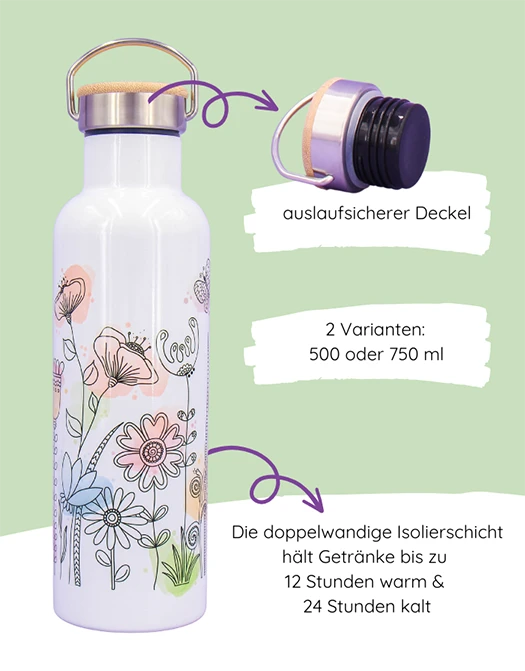 Thermosflasche Bambusdeckel "Blumenwiese"