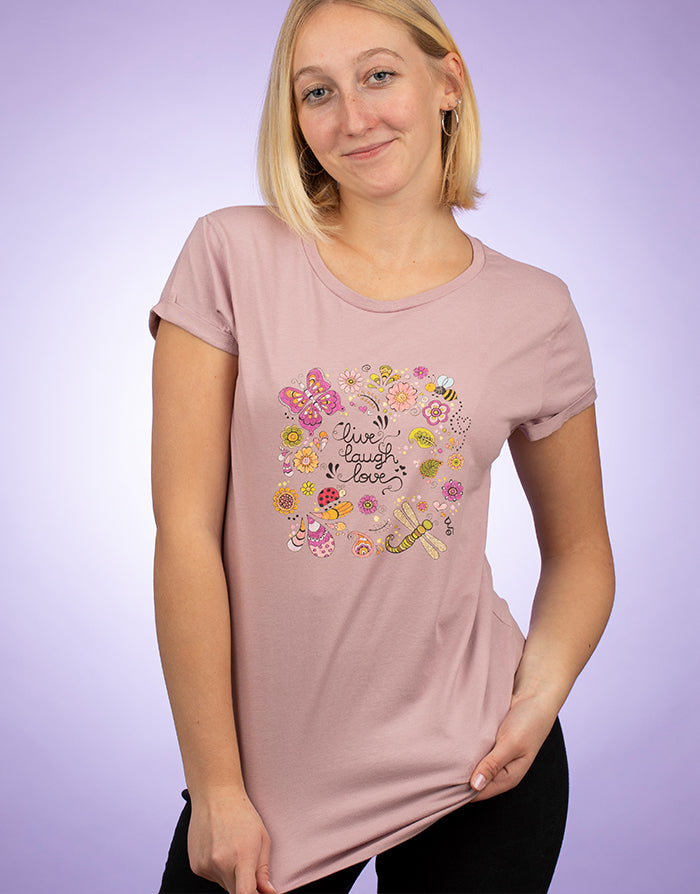 Damen T-Shirt "Live-Laugh-Love" purple-RollinArt