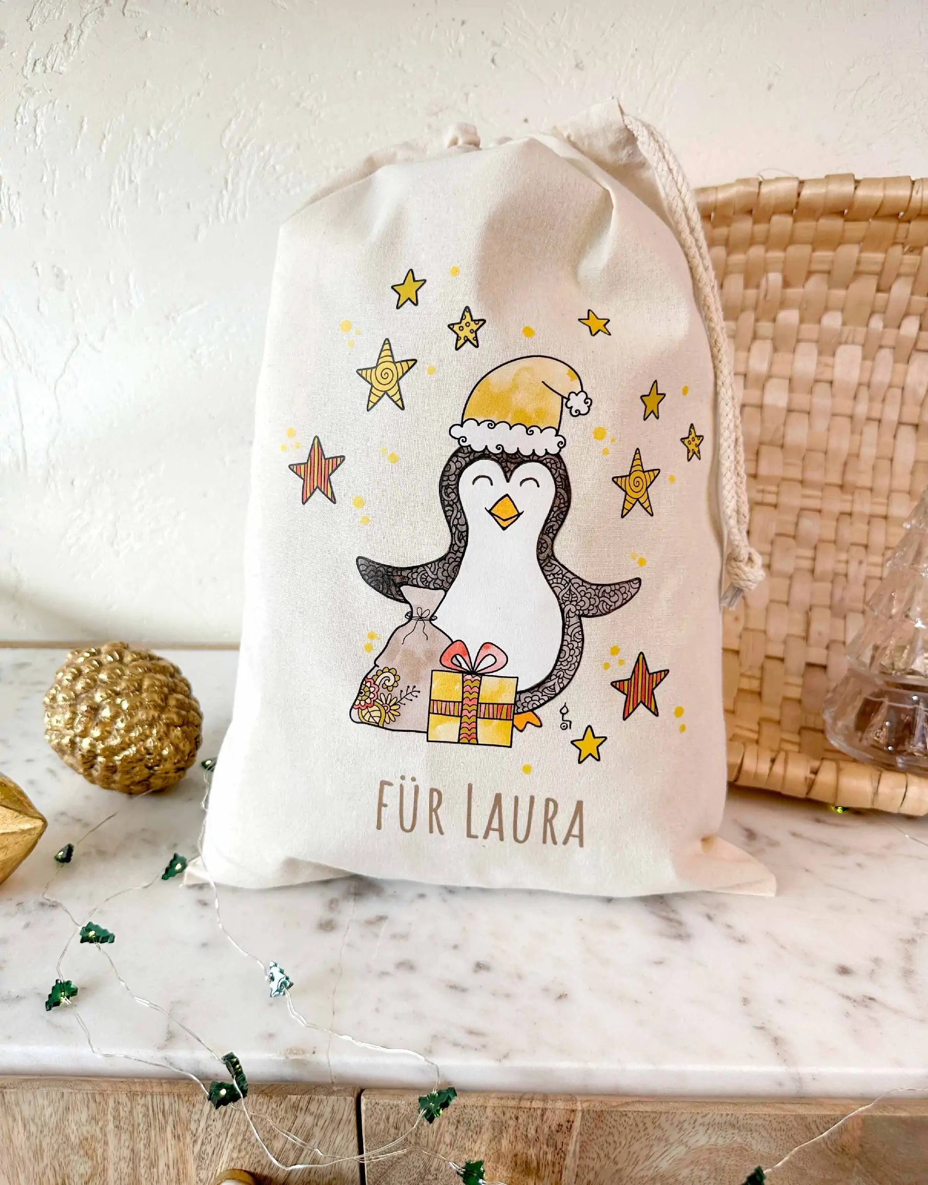 Geschenkbeutel mit Zugband "Pinguin" mit Wunschname-RollinArt