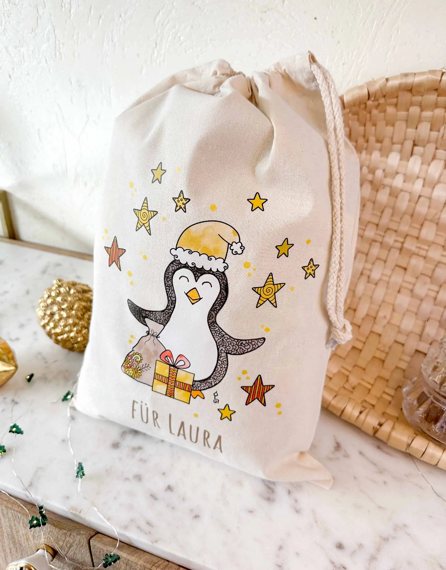 Geschenkbeutel mit Zugband "Pinguin" mit Wunschname-RollinArt
