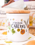 Keramikdose klein mit Holzdeckel "Frohe Ostern"-RollinArt