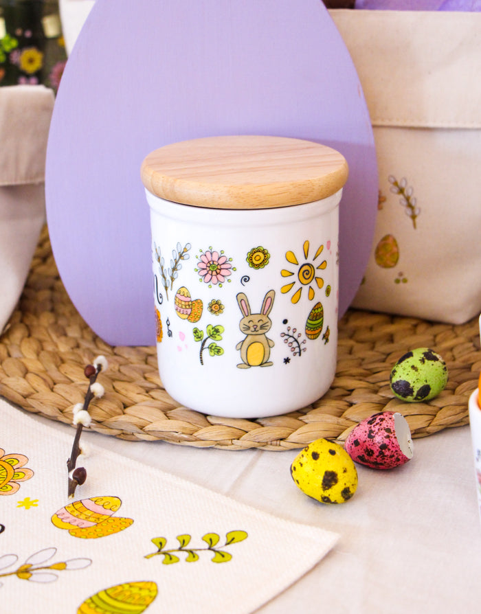 Keramikdose klein mit Holzdeckel "Frohe Ostern"-RollinArt