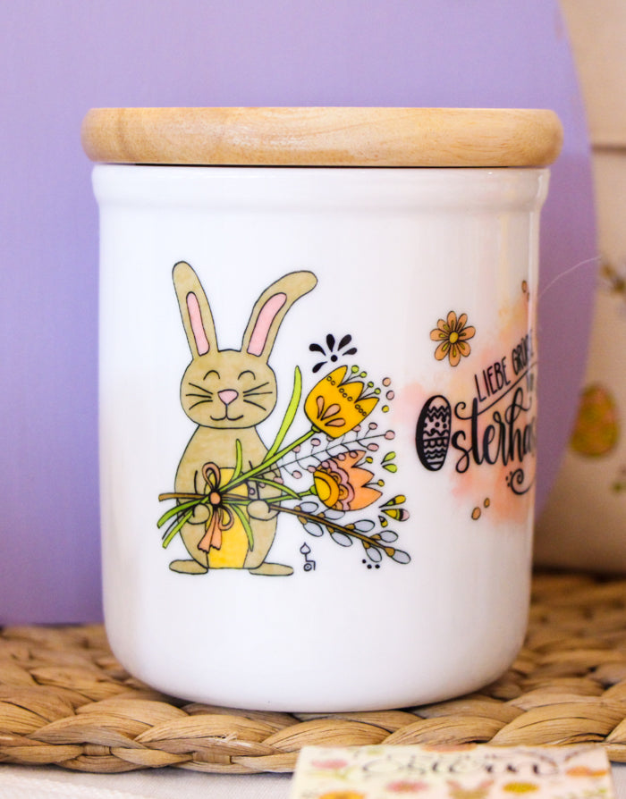 Keramikdose klein mit Holzdeckel "Grüße vom Osterhasen"-RollinArt