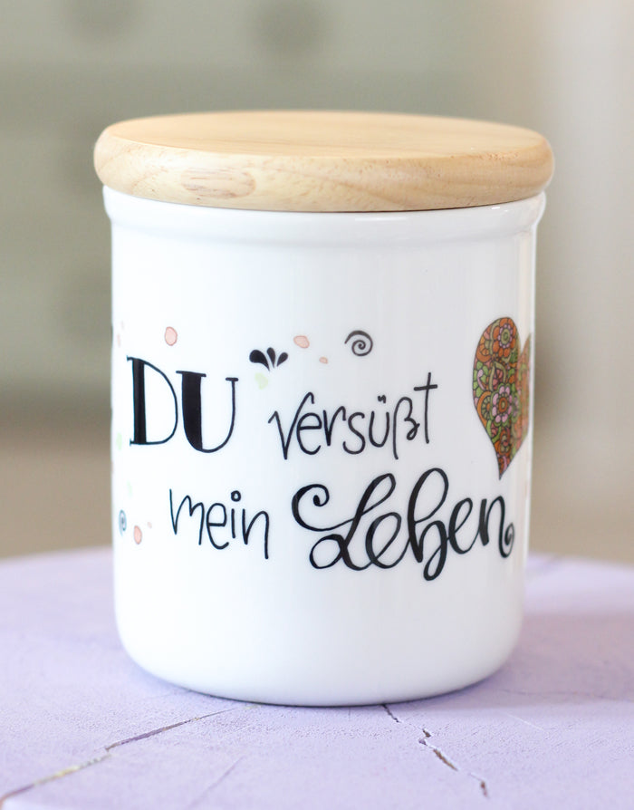 Keramikdose klein mit Holzdeckel "Leben versüßen"-RollinArt