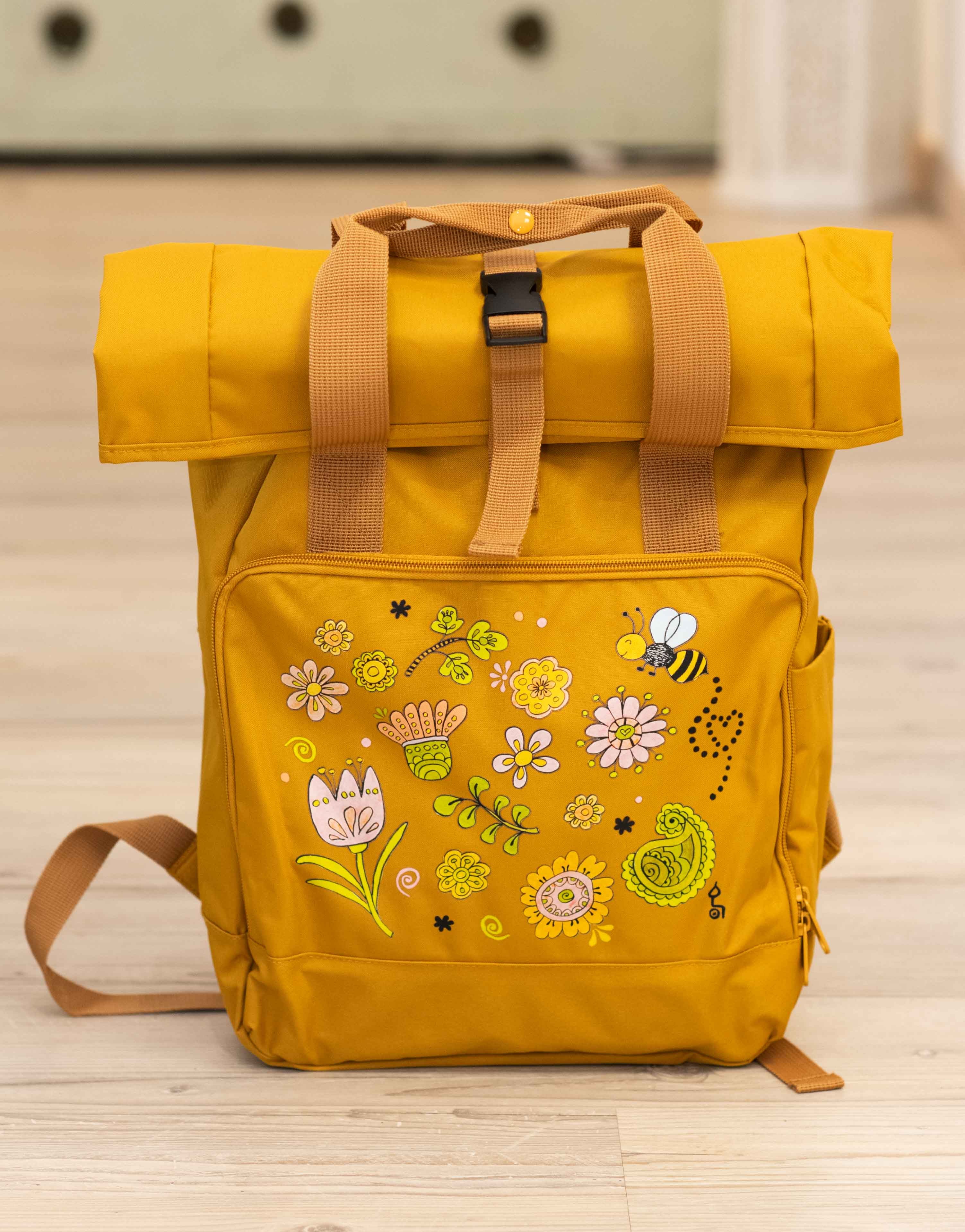 Rucksack groß Mustard „Happy Flowers”-RollinArt